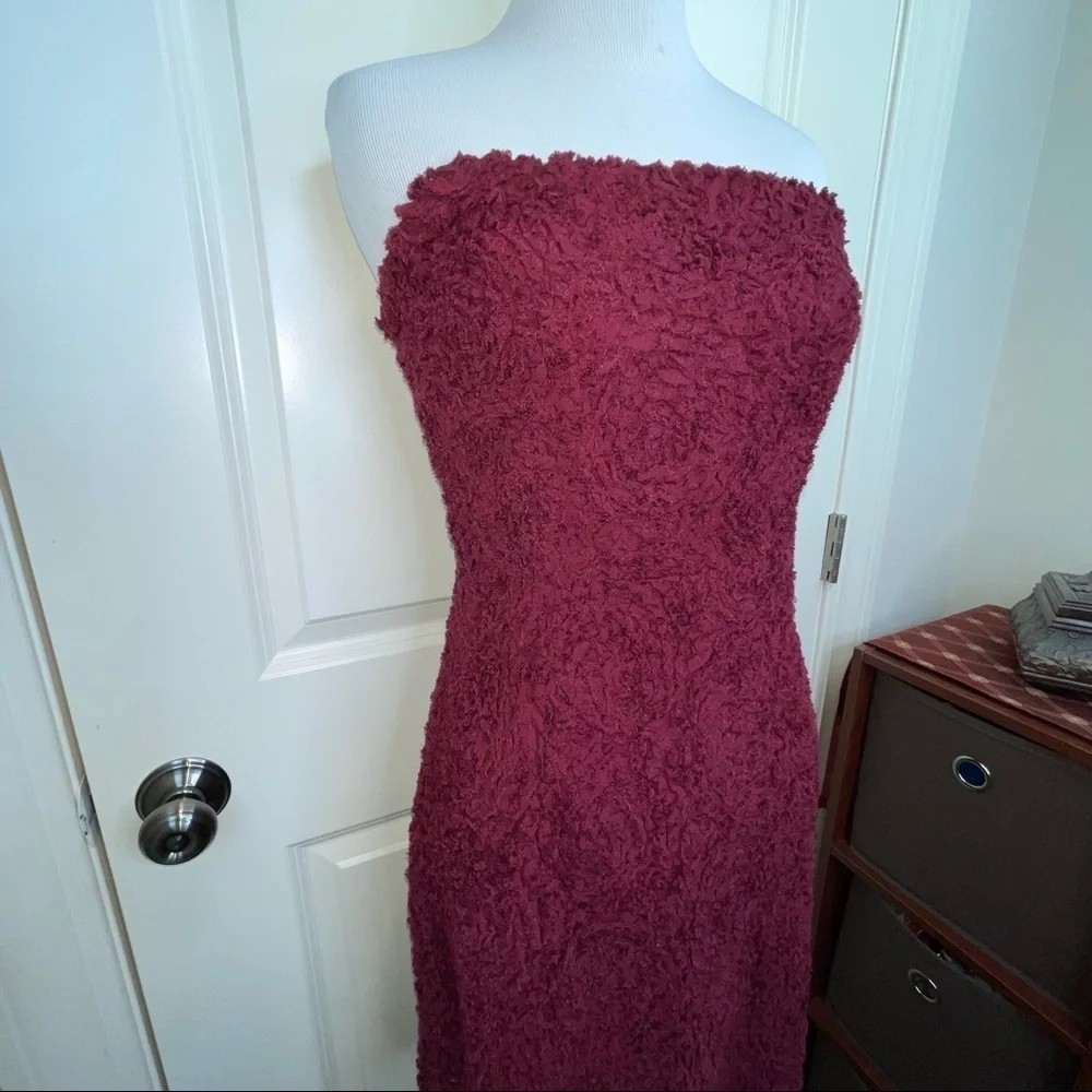 Storia Textured Floral Mini Dress Strapless Bodycon Maroon L - Picture 4 of 17